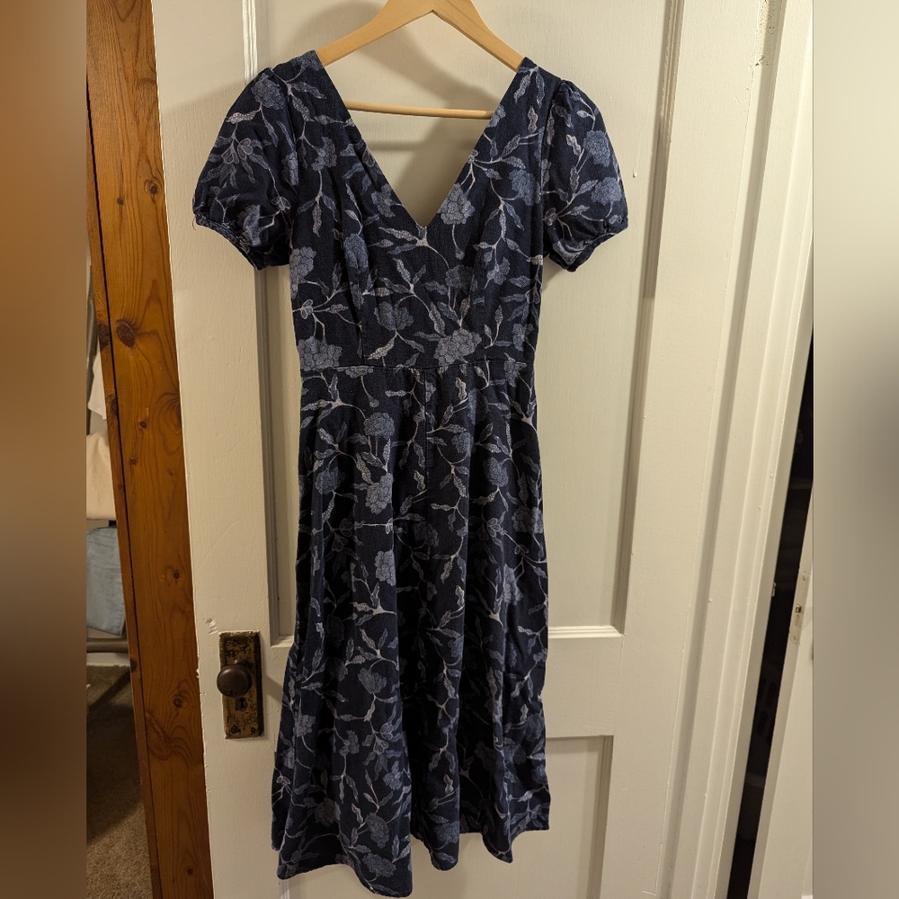GAP Linen Blue Floral Puff Sleeve V-neck Smock Back Midi Dress size 0